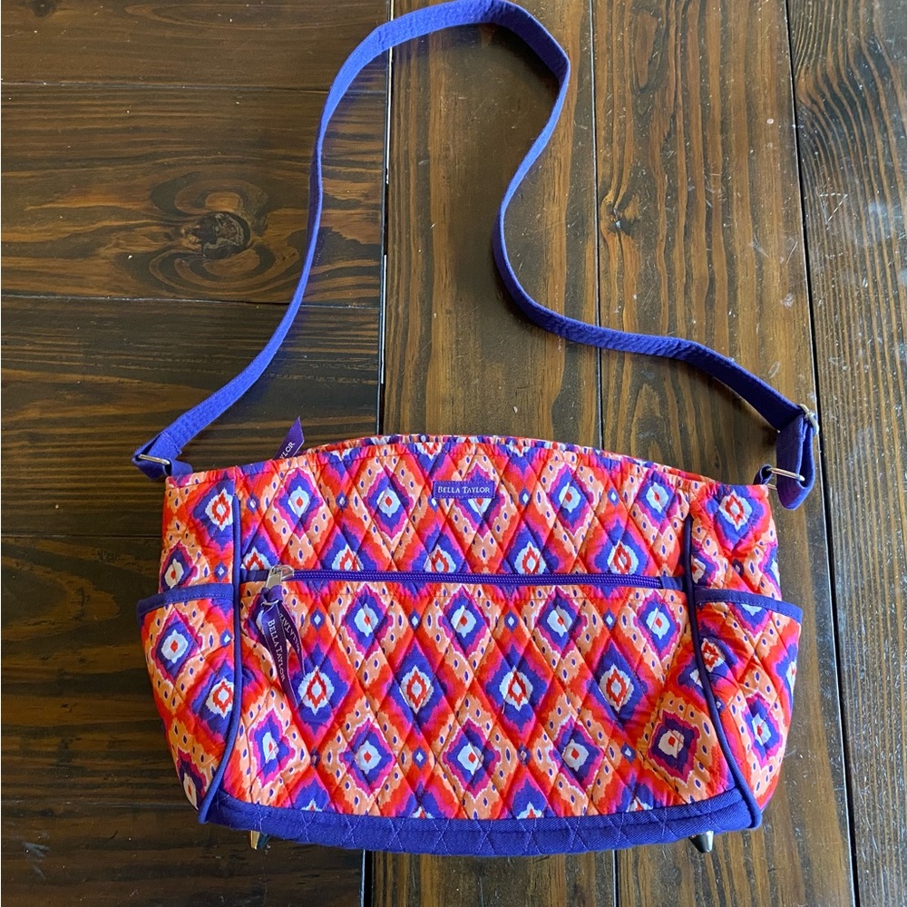 Bella Taylor Shoulder Strap Bag Purse Bright Red Blue Zip Close 12x9 100% cotton